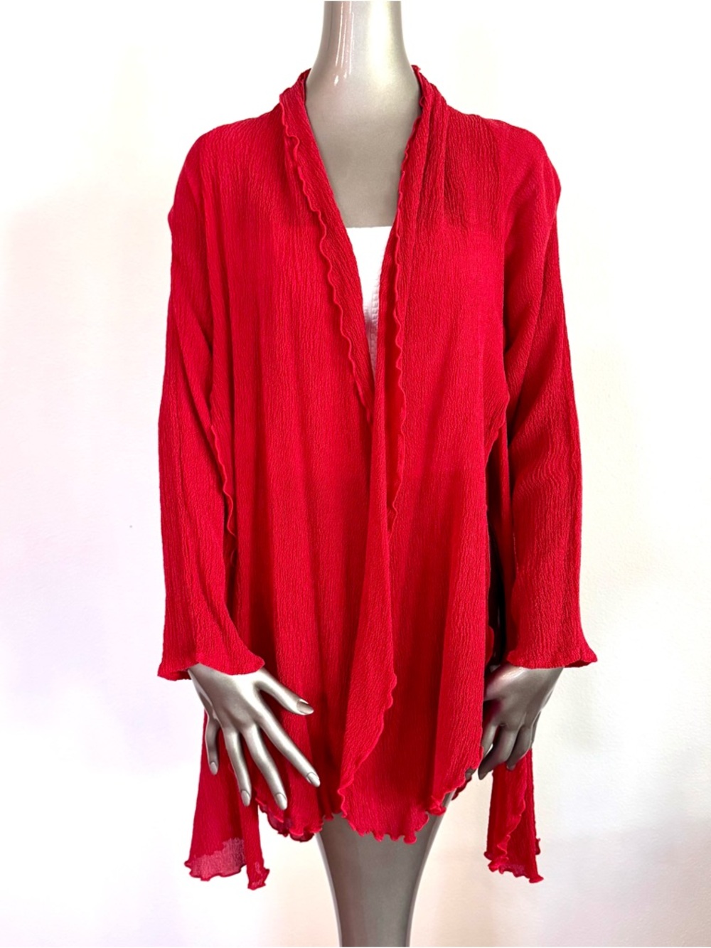URU 100% Silk Red Crinkle Cardigan Duster OS Made in USA Lightweight